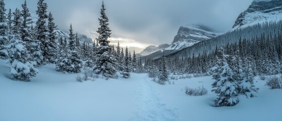 Obraz premium Snowy trees line pathway between snow-covered mountains beneath overcast sky, creating tranquil winter scene.