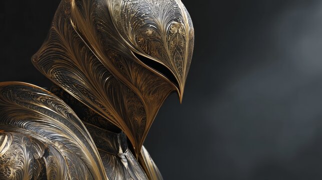 Ornate golden knight helmet with intricate patterns on dark background.