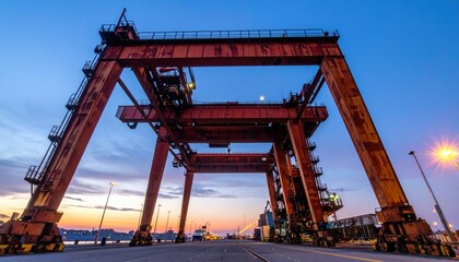 Industrial crane structure at sunset over a busy shipping port