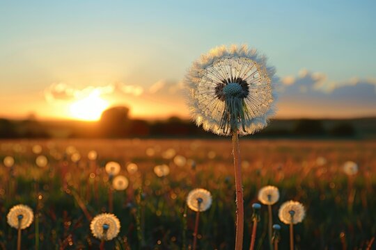 A single dandelion seedhead blossoms in a warm sunset landscape