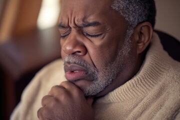African American Elderly Man Experiencing Cough and Discomfort Due to Cold Virus