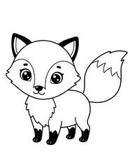 Black and White Outline of a Cute Fox in Simple Line Art Style, Ideal for Kids' Coloring Books, Animal-Themed Pages, and Fun Creative Drawing Activities