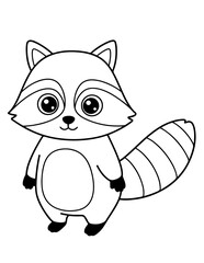 Black and White Outline of a Standing Raccoon in a Simple Cartoon Style, Perfect for Kids' Coloring Books, Educational Activities, and Cute Wildlife-Themed Artwork