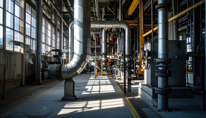 Industrial Factory Interior with Pipes, Equipment, and Shadows