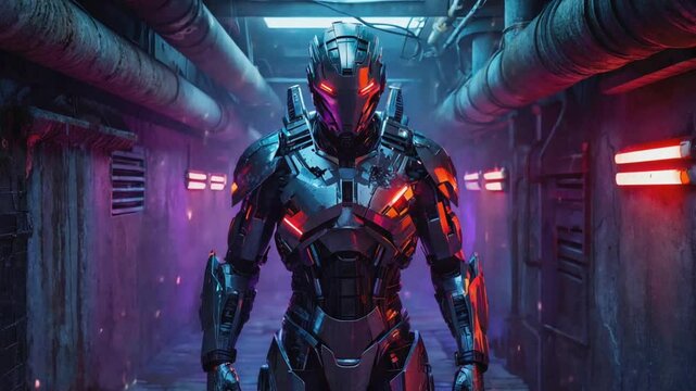darkened, neon-lit industrial corridor, lone cyborg cracked armor pulsating red eyes peers shadows. rain mechanical face, memories human past flicker eyes, calculating whether rebel or obey
