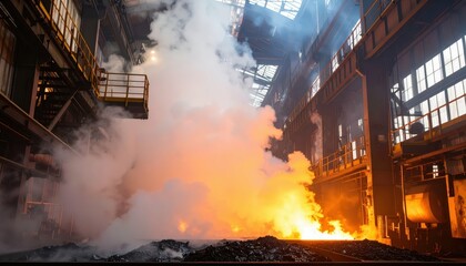 Industrial Factory Scene with Fire and Smoke Emitting Existence