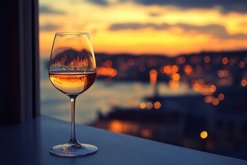 A Single Wine Glass Reflects a Sunset City View