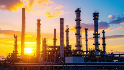 Obraz premium Industrial Landscape with Refineries Silhouetted Against Sunset Sky