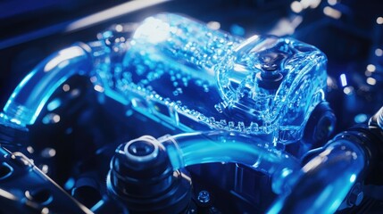 Detailed Shot of a Car's Engine Coolant Reservoir Post-Service, Highlighting Cooling System Components