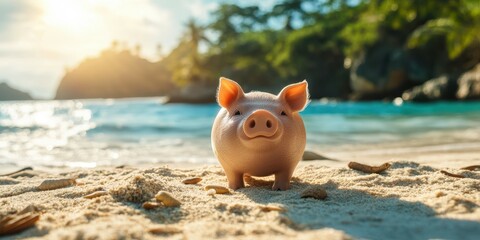 Pig stands on sandy beach near turquoise water during golden hour in tropical paradise with palm trees in background