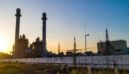 Fototapeta premium Industrial Power Plant Under Sunset Sky with Clear Horizon