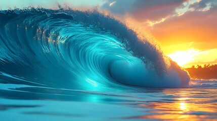 Vivid Ocean Wave Glows Under Golden Sunset in Scenic Seascape