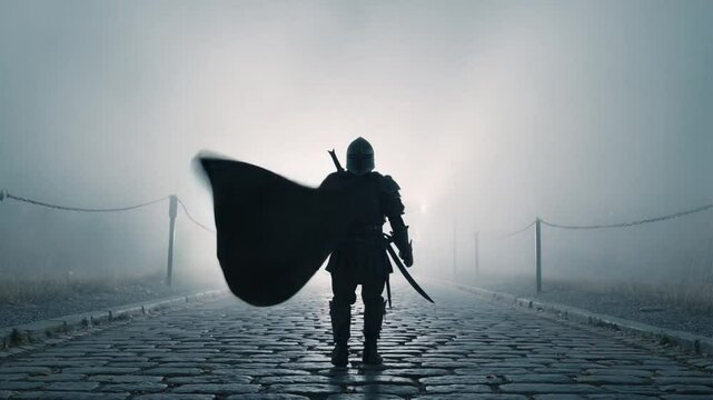 Hooded knight stands fog-covered infinite cobblestone path, dense gray mist. dark cloak billows, wind unseen source. Cinematic fog, fantasy mystery, lonely atmosphere, mysterious endless road