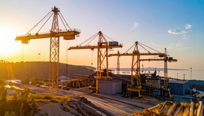 Fototapeta premium Industrial Cranes at Sunset in a Port Area with Construction Equipment