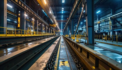 Industrial Warehouse Interior with Rail Tracks and Machinery Lines