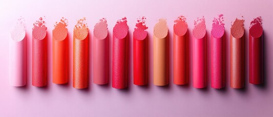 Lipstick samples demonstrate varied color spectrum, displaying makeup's vibrant hues against solid background.