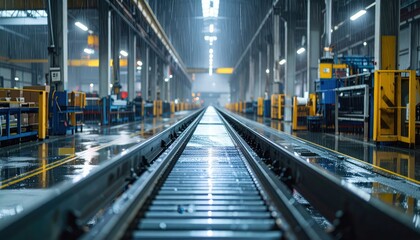 Fototapeta premium Rainy Day in Industrial Warehouse with Rails and Equipment in View