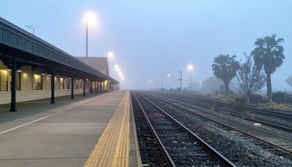 Fototapeta premium Foggy Train Station Platform with Tracks and Street Lights at Dawn
