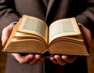 Close-up of a prayer book or an old book in a person's hands.