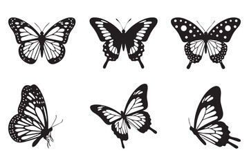 Set of six black and white butterfly silhouettes with detailed wing patterns in various styles and angles

