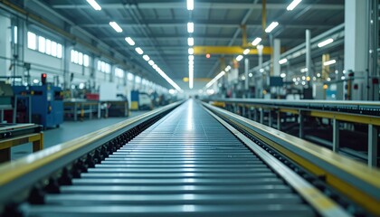 Fototapeta premium Industrial Conveyor System in Modern Manufacturing Facility Interior