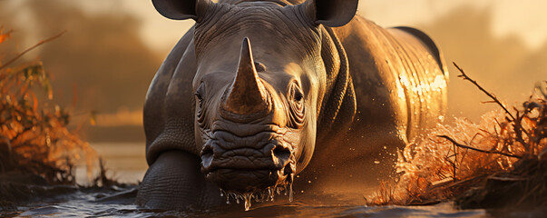Majestic rhinocero sitting on rock at sunset, wildlife photography concept