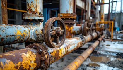 Rusty Industrial Pipes with Valve Mechanisms in an Abandoned Factory