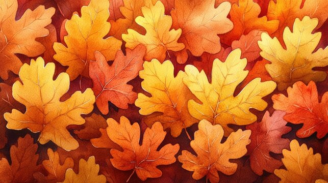 Autumn leaves carpet. A vibrant tapestry of fall foliage in warm hues of orange and red.  Detailed illustrations of various leaf types create a rich, textured backdrop