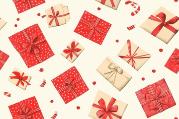 Seamless Red Holiday Gift Wrapping Pattern with Ribbons and Polka Dots