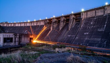 Stunning View of Hydroelectric Dam at Dusk with Light Trails