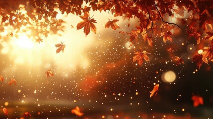 Autumnal foliage in warm sunlight. Falling leaves against a soft, bokeh background