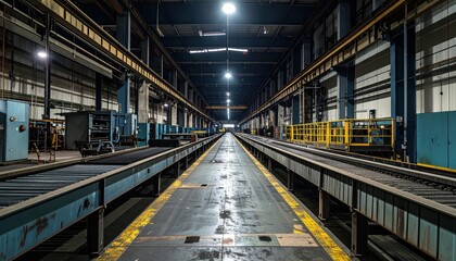Naklejka premium Industrial Warehouse Interior with Long Aisle and Machinery Details