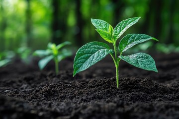 Fototapeta premium A small green plant growing in rich dark fertile soil