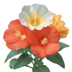 Vibrant bouquet of hibiscus flowers in red, white, and yellow hues with lush green leaves, showcasing their delicate petals and prominent stamens
