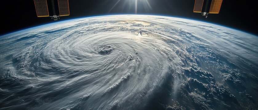 Hurricane swirls ominously across Earth's atmosphere, seen from space station, representing dramatic weather event.