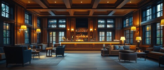 Interior showcases richly paneled hotel lobby featuring comfortable seating arrangements near bar counter, creating warm, inviting atmosphere.