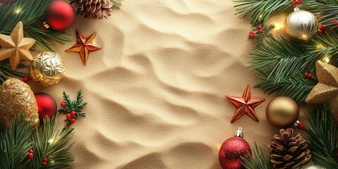 Tropical Holiday Greetings: Festive December Card with Sand and Baubles in a Cheerful Arrangement