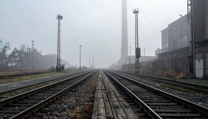 Fototapeta premium Foggy Rail Tracks in Industrial Area with Tall Smokestack View