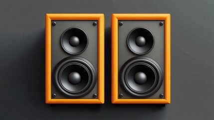 Two vintage speakers with full range drivers. Retro audio equipment with wooden cabinet. Black cone and orange speaker, classic design. Stereo system, high fidelity sound, musical enjoyment.