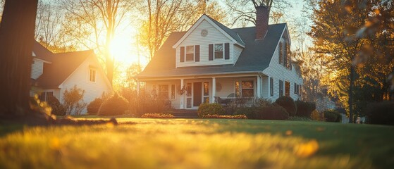 House stands proudly, bathed in golden sunlight, evoking feeling of warmth and welcome.