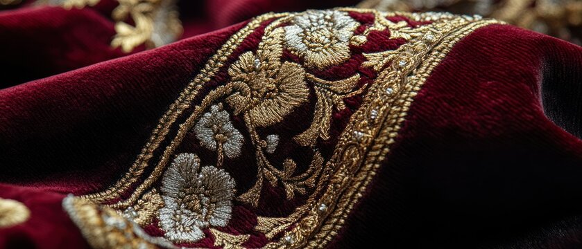 Velvet fabric displays ornate gold embroidery with floral designs, showcasing intricate craftsmanship.