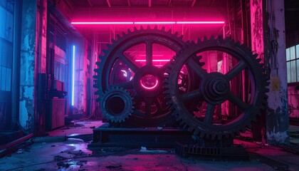Fototapeta premium Industrial Gears in Neon Light, Abstract Urban Environment