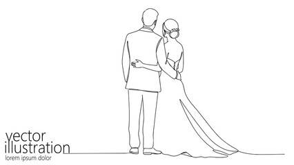 Love Couple embraces in line art illustration. Bride in wedding dress. Romantic wedding invitations greeting cards love themes. Minimalist line drawing back view clean white background