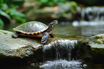 Fototapeta premium A small turtle resting beside a peaceful flowing waterfall