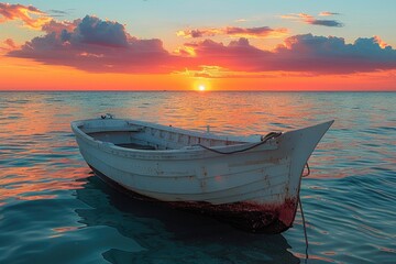 Fototapeta premium A small weathered boat floating on calm ocean water during sunset