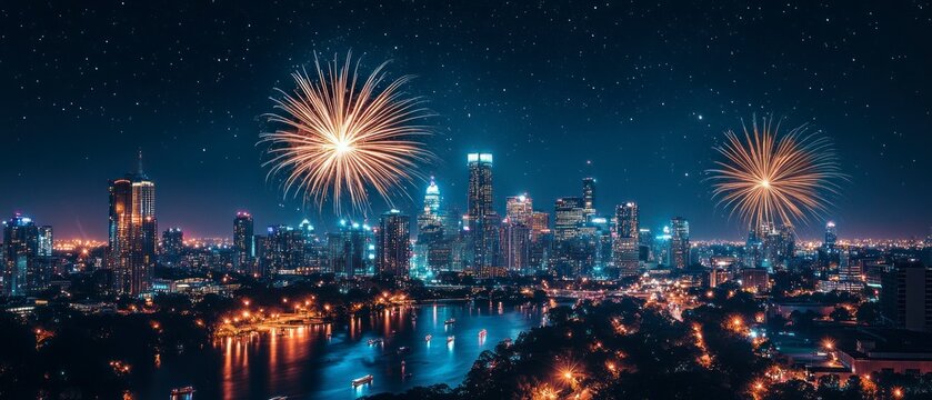Cityscape bursts with fireworks under starry night sky, illuminating river water, creating festive scene.