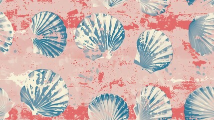 Fototapeta premium Vintage Seashell pattern on a Retro distressed background, with Soft, Coral, and Denim tones evoking nostalgic Coastal vibes.