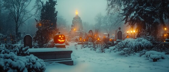 Jack-o'-lanterns illuminate snowy graveyard with eerie glow under foggy winter sky.
