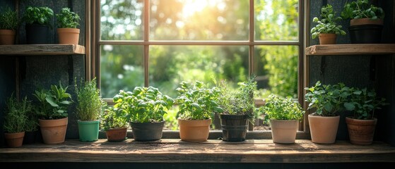Potted herbs sit on window sill bathing in sunlight, presenting tranquil, natural atmosphere.