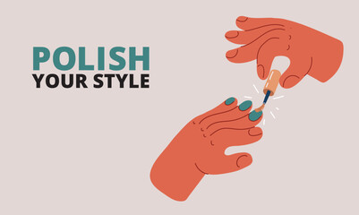 Cartoon vector illustration of a hand painting nails on another hand, like a gesture of pampering and personal indulgence